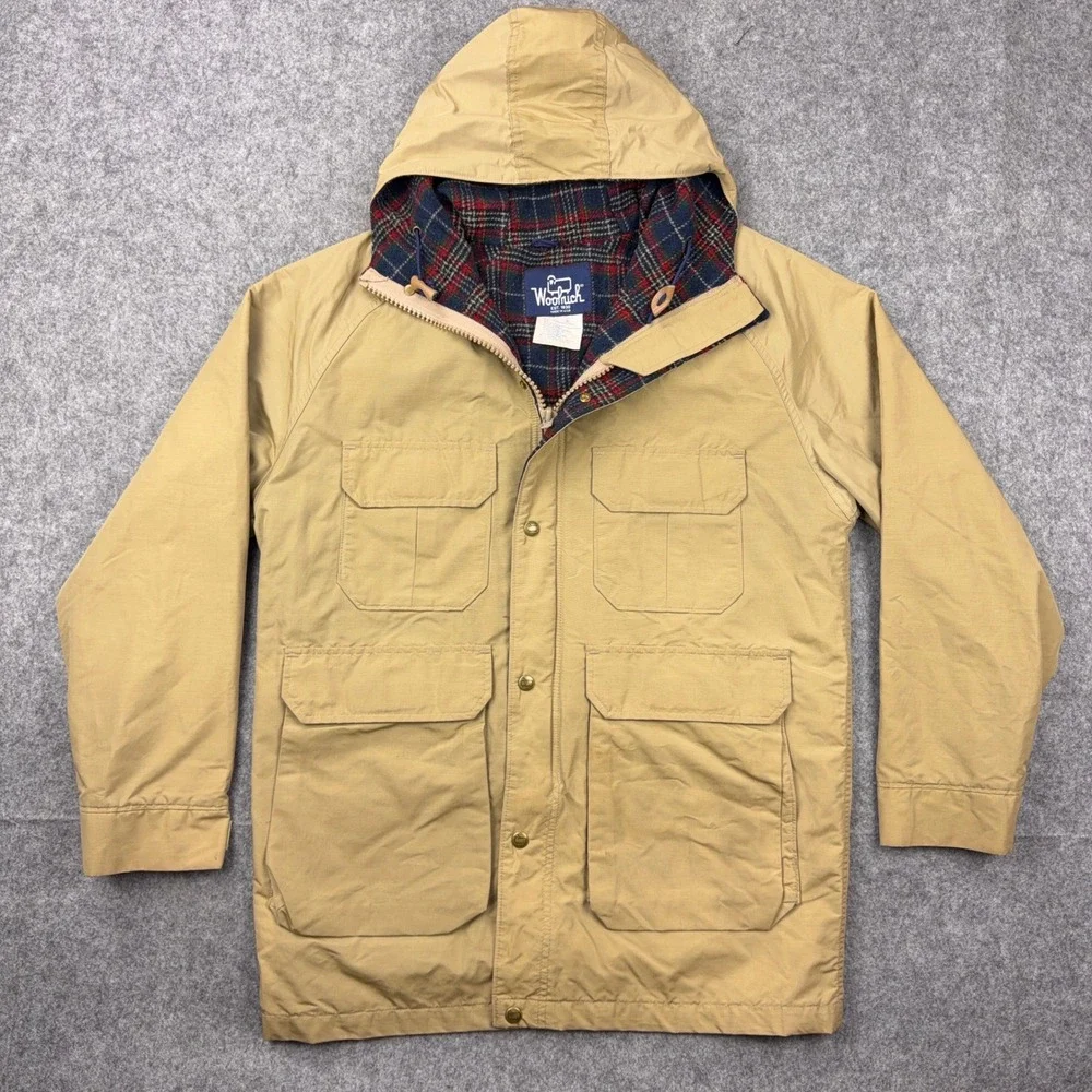 VTG Woolrich Jacket Mens Medium Tan Mountain Parka Wool Plaid Lined USA Made